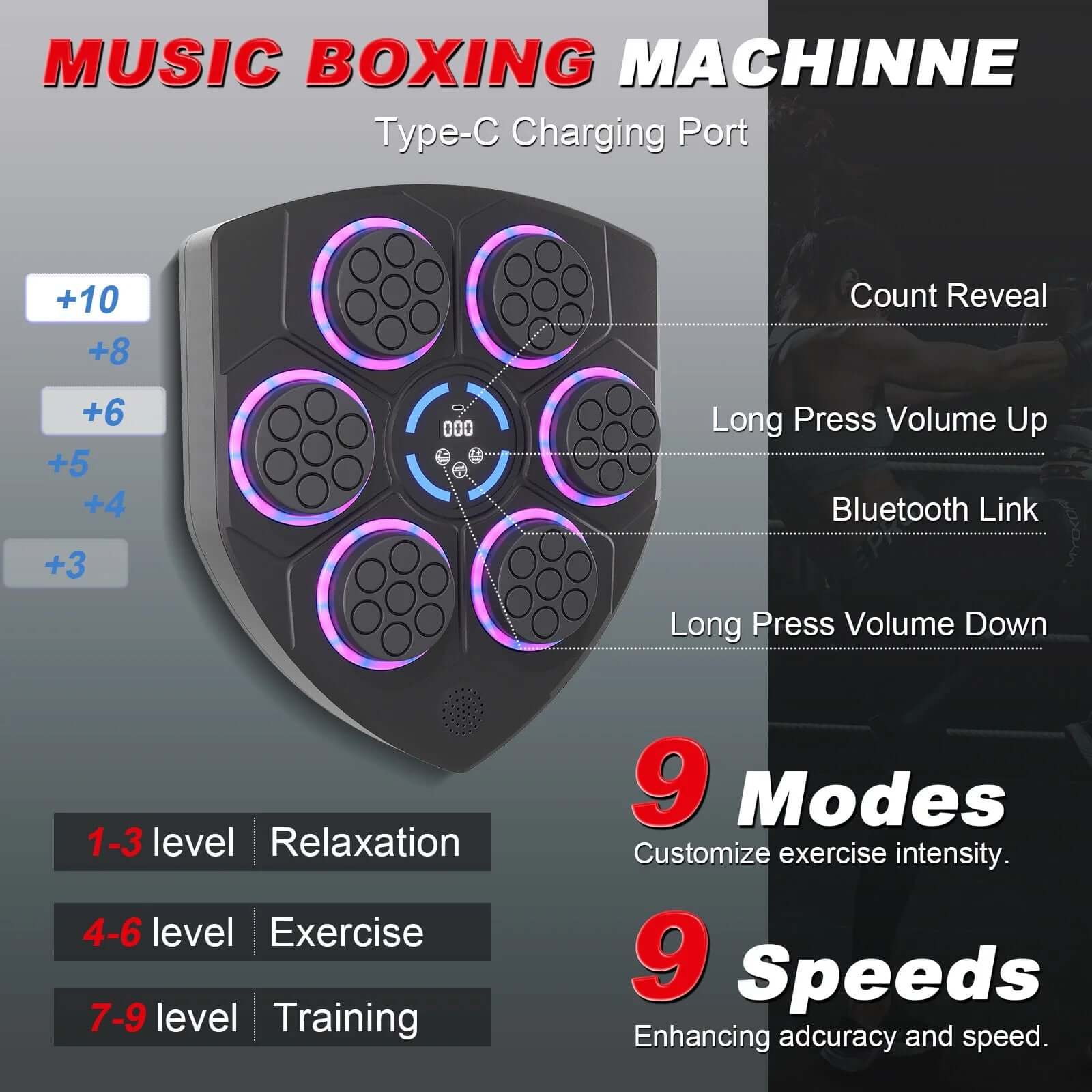 Smart Bluetooth Punching Bag, LED Guide, 9-Speed, Wall-Mounted, Boxing & Fitness